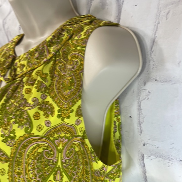 Banana Republic Dress Chartreuse Retro Paisley Sleeveless Tie Neck Pleated Hem - Picture 6 of 11